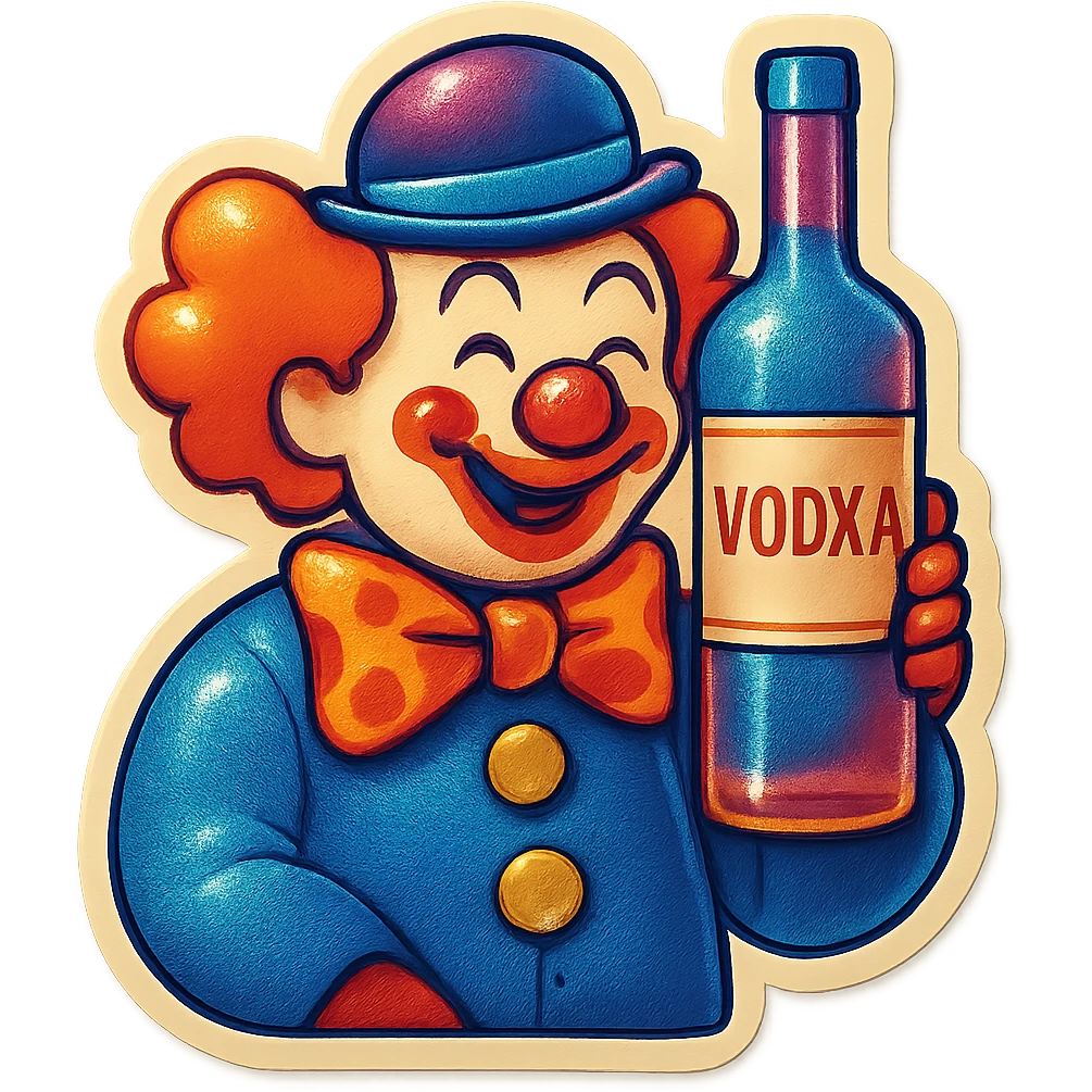 A sticker of a clown with a bottle of vodka emoji
