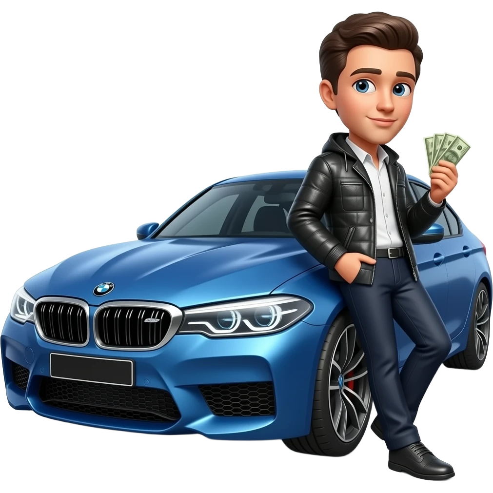 Bogat decko. Naslonjen na novi bmw m5. proji novac. side profil emoji