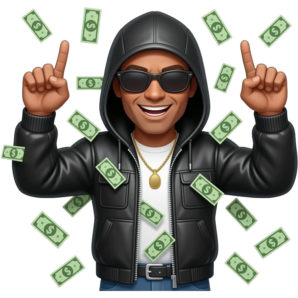 a robber flexing all his money an throwing up gang signs emoji