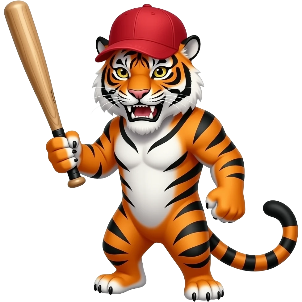 fierce orange tiger with black stripes wearing a red baseball cap, holding a bat, cute cartoon emoji style emoji