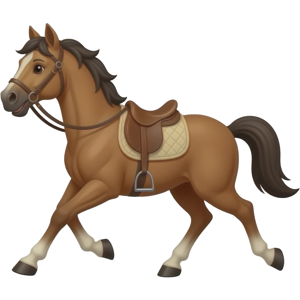 The cartoon brown horse with saddle and briddle runs emoji