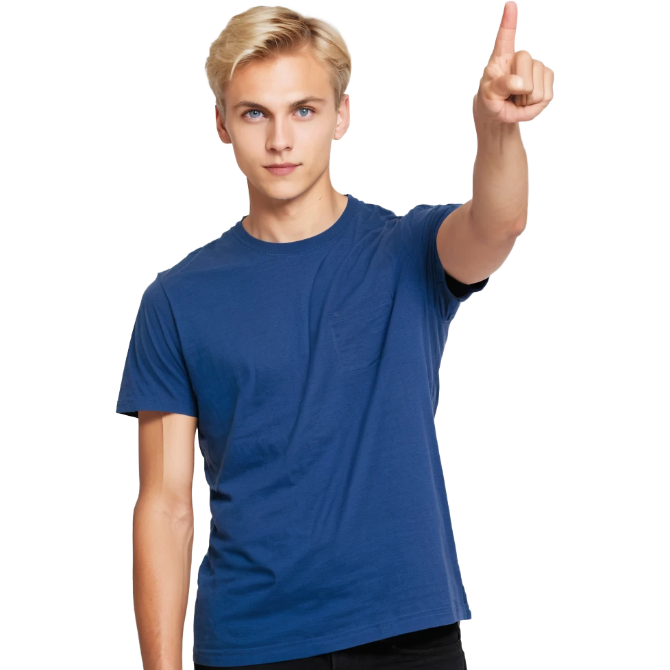 Flat pixel art, confident male leader, Caucasian, short neat blonde hair, sharp eyes, indigo T-shirt, one arm raised pointing out, waist-up, front-facing emoji