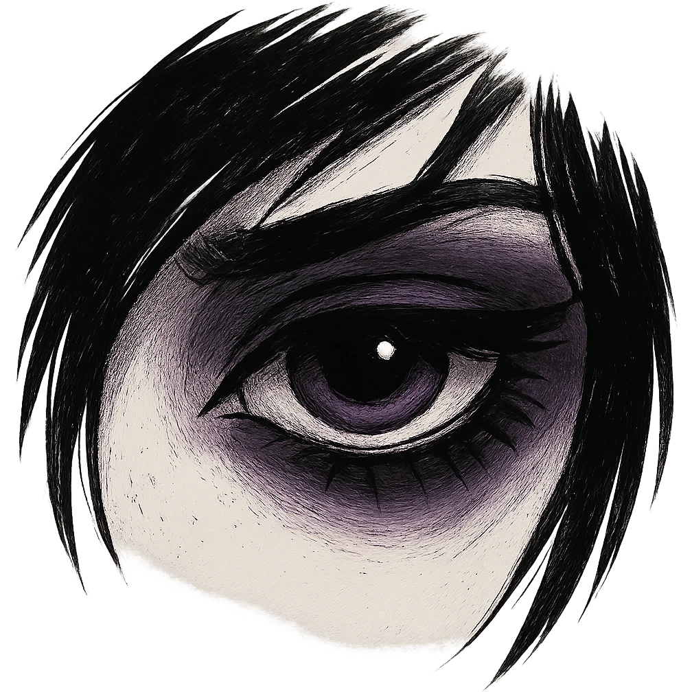 emo-style eye, black and purple, moody, no background emoji