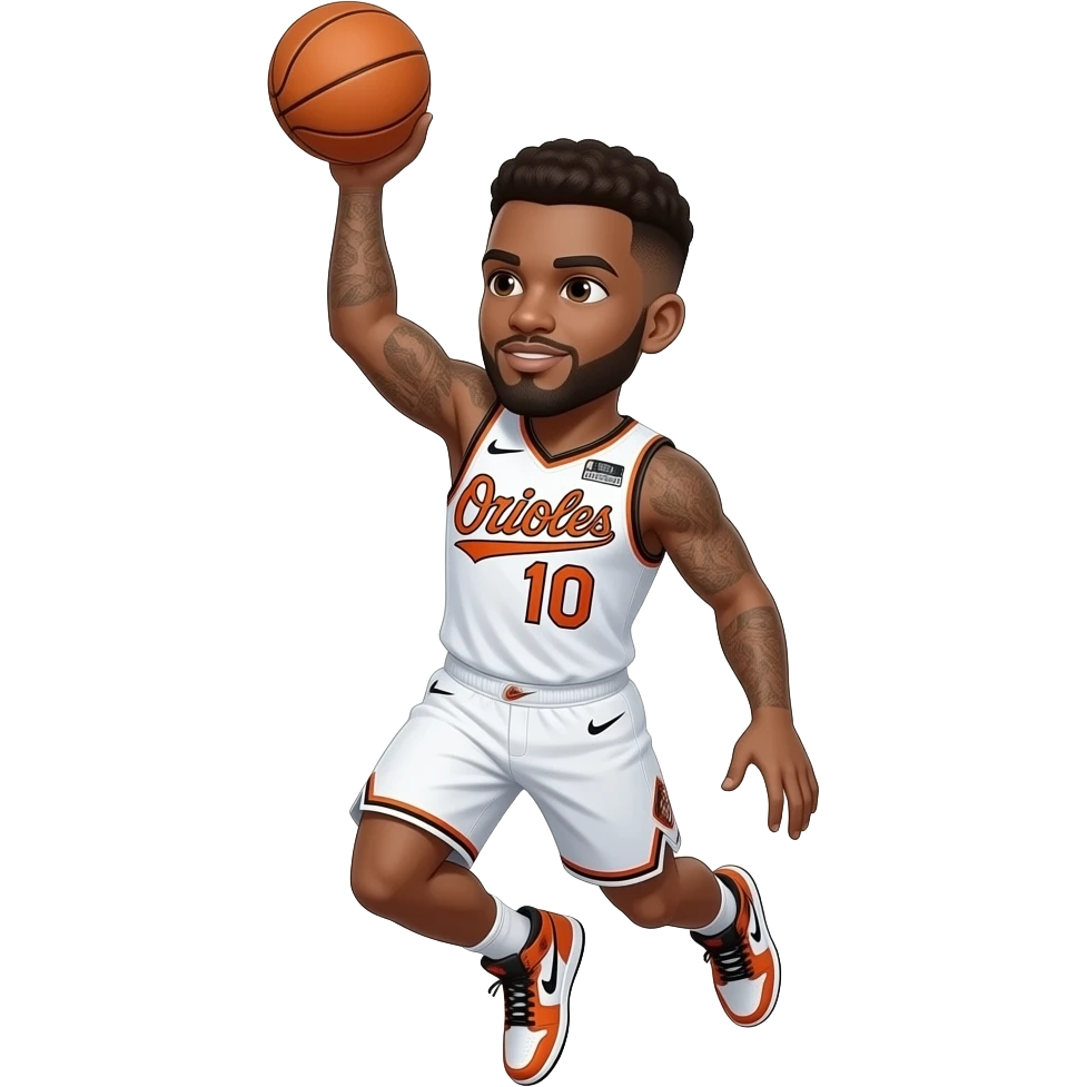 make a brown 22 year old with a brown low taper fade wearing the number 10 and the jersey is white with letters saying orioles in black and the 22 year old is dunking in nike js 3 shoes emoji