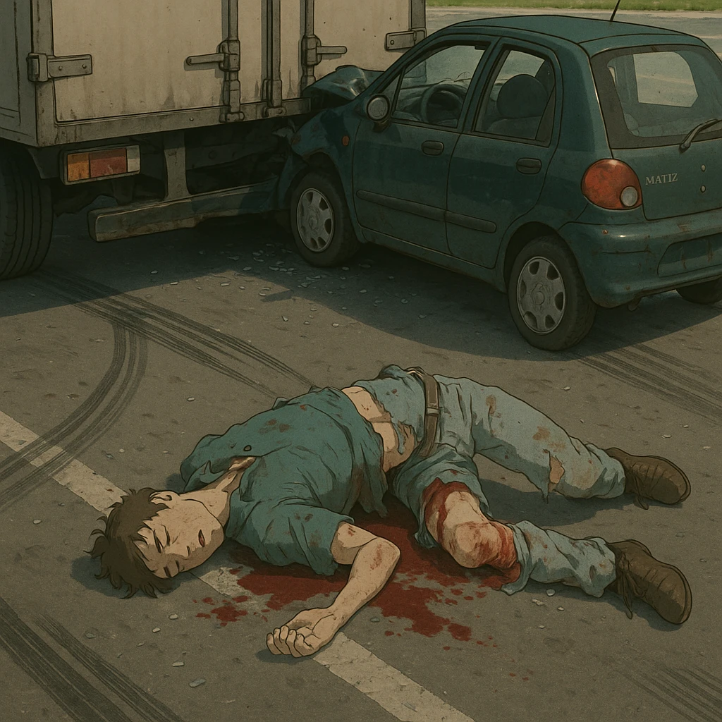 A dramatic accident scene in the style of photorealism. A Matiz car has crashed into the back of a large cargo truck. In the foreground, a man lies unconscious on the asphalt, slightly twisted to the side. His left leg and pelvic bone appear broken and unnaturally positioned. Blood stains are visible near his hip and knee. His clothes are slightly torn from the impact. The surroundings show tire skid marks, broken glass, and a slightly deformed Matiz bumper pressed into the truck's rear. The lighting is natural daylight with a somber, tense atmosphere. Focus on realism, injury detail, and emotional gravity of the scene. emoji