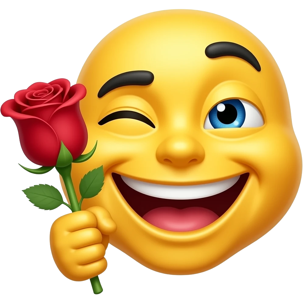yellow perfectly round classic emoji face with a flirtatious smirk, wide toothy grin, one eyebrow raised, half-closed blue eyes. Holding a red rose with green stem in its mouth. Smooth shiny 3D cartoon style, high detail, white or transparent background. emoji