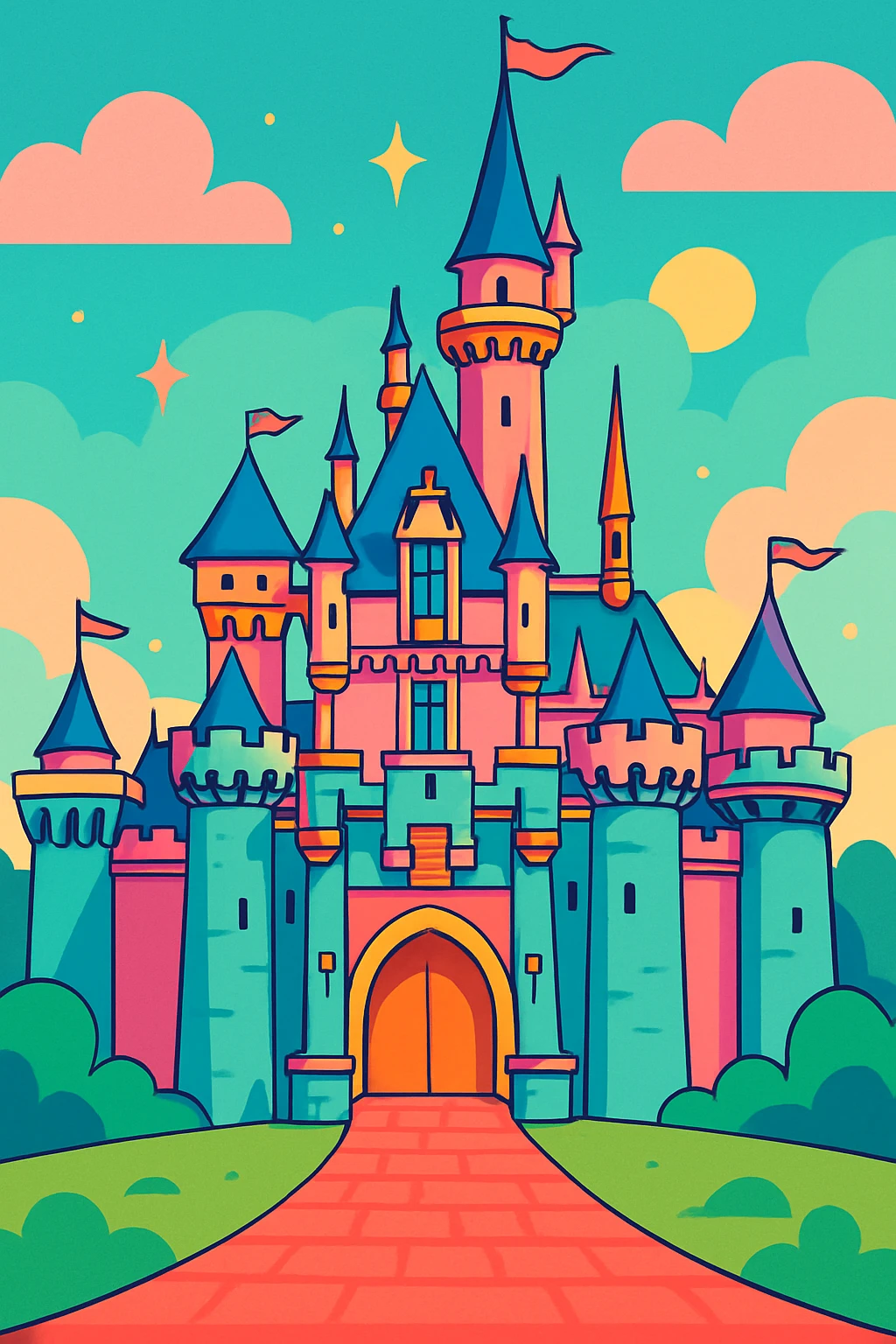 Disneyland castle, magical, pastel colors, whimsical, in a dreamy cartoon style emoji