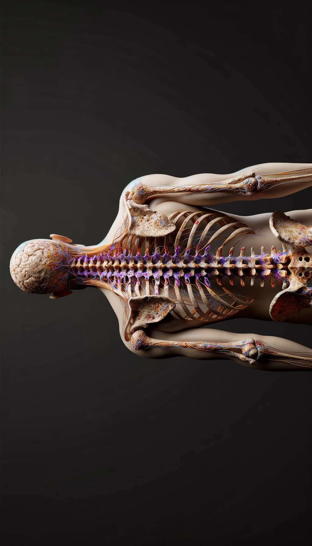 corpo umano anatomico di spalle con spina dorsale storta, dolore alla schiena e spina dorsale anatomica realistica, iperrealistico 4k emoji