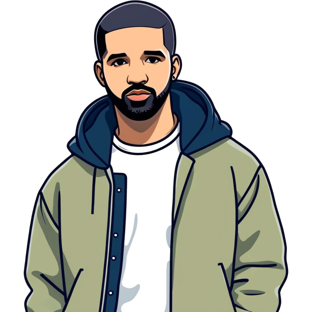 Toronto celebrity, actor and musician drake 2025 illustration, sticker. must be ultra hyperrealistic, and mirco-detailed, flat sticker design
 Must be 8k hd, 8000x8000px resolution. Must use very thin transparent smooth lines, around the illustration  emoji