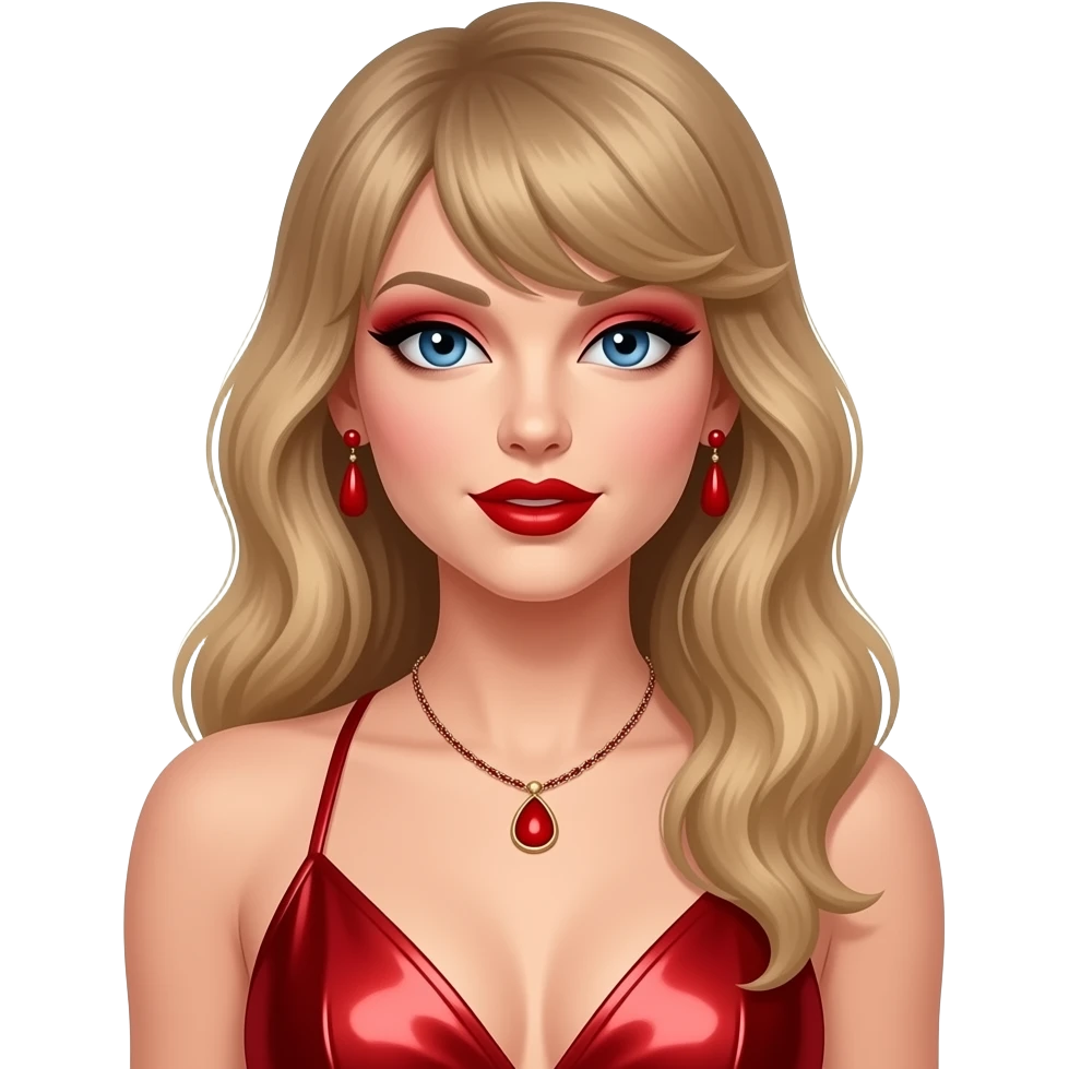 Taylor Swift with blue eyes, long blonde hair, red eyeshadow, red lipstick, red metallic halter dress, red necklace and earrings emoji