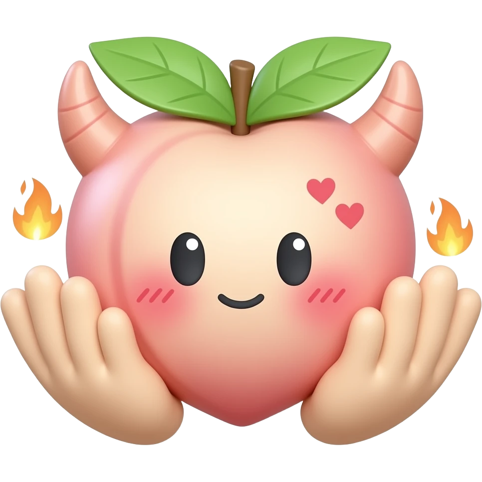 A glossy 3D peach emoji sticker between two cute cartoon hands, cheeky blushing face, tiny devil horns, sweat drops, hearts and flames, playful forbidden fruit humor, suggestive adult emoji style, clean transparent background, soft shadow, high quality, no text, no watermark, non-explicit emoji
