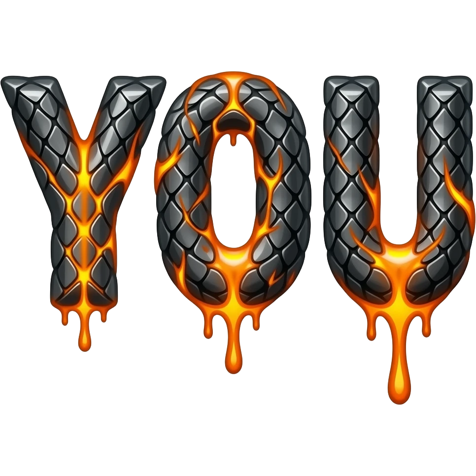 A heavy obsidian letter 'YOU' with molten lava flowing through engraved draconic scales. Emitting orange embers and heat distortion. Dark fantasy aesthetic, metallic texture, dramatic shadows emoji