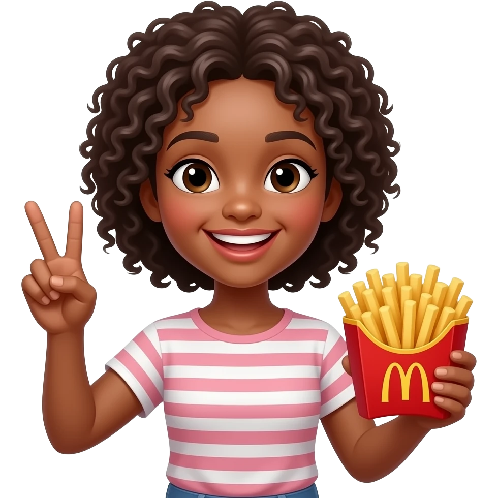 A black girl smiling holding up the peace sigh and holding up fries in the other hand emoji