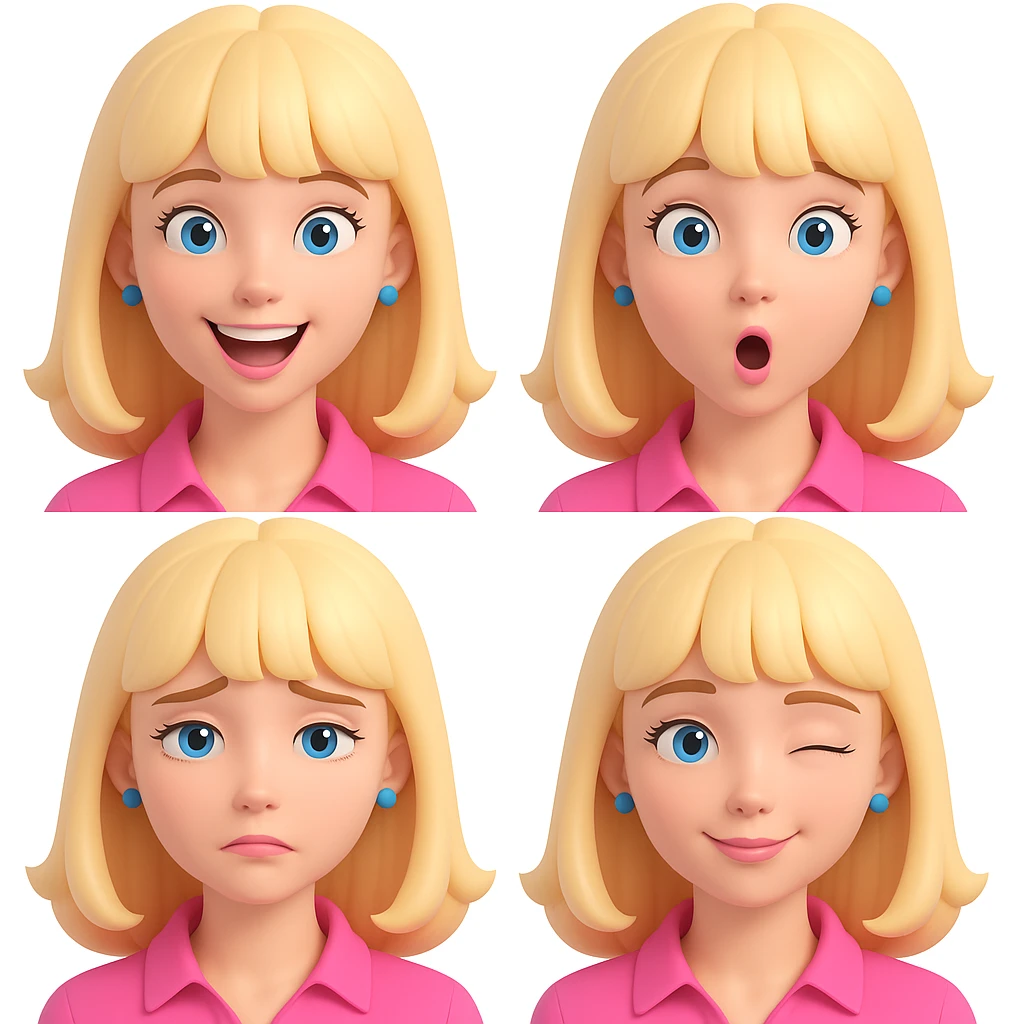 Create four different facial expressions: happy, surprised, sad, and winking. Keep the character with blonde hair with bangs, wearing a pink blouse, and having blue eyes. The style should resemble 3D emoji style as closely as possible. emoji