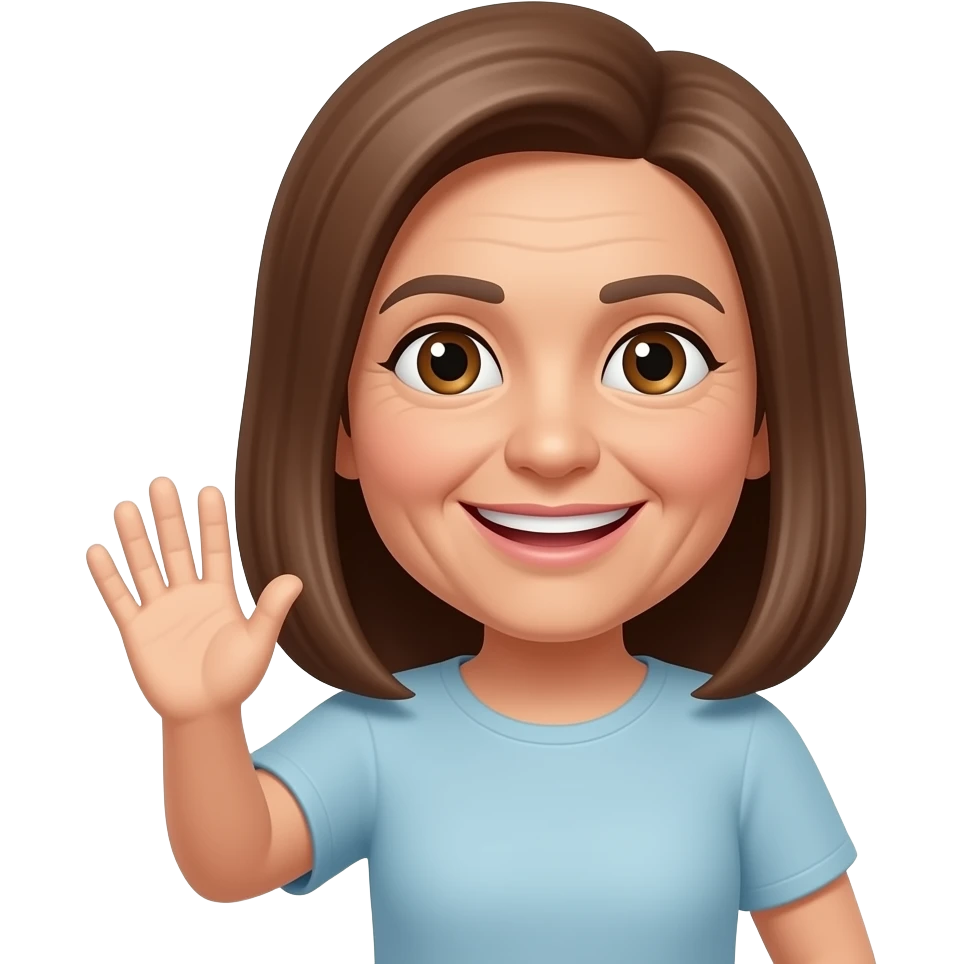 longer straight brown hair female 50 years old brown eyes sharp features show the emoji smiling and waving features emoji