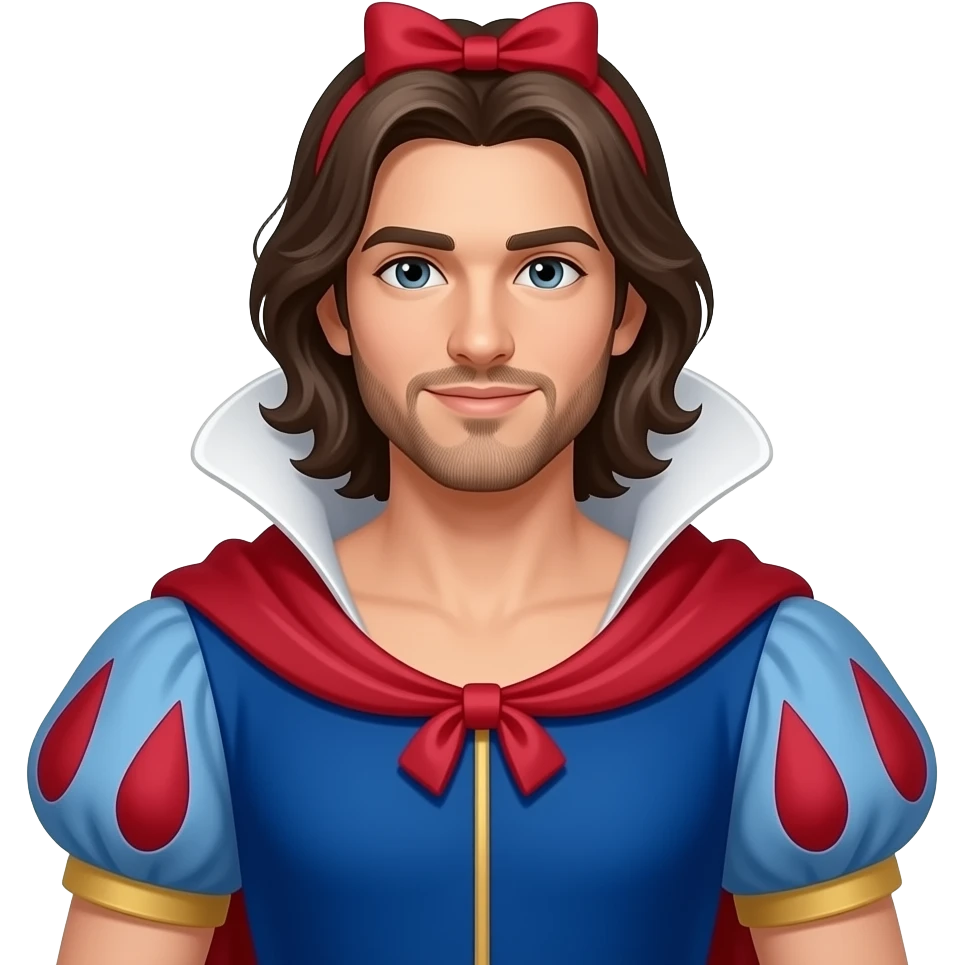long haired guy wearing disney snow white princess costume emoji