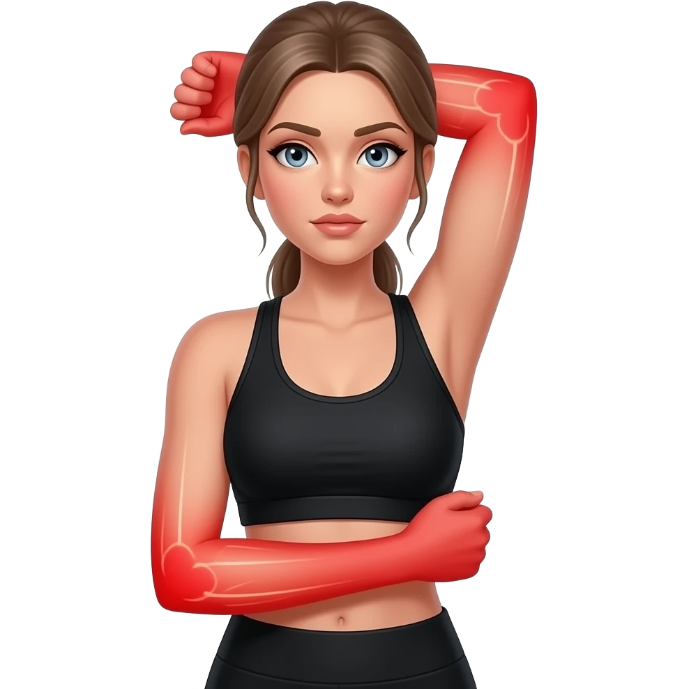 arm pain, full red glow covering both arms from shoulders to hands, woman holding one arm, fair-skinned woman, gray-blue eyes, ash brown brows, ash light brown hair tied back, slim athletic body, black workout set emoji