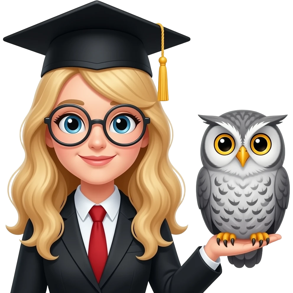 a teacher with long wavy blond hair. a grey owl is wearing a black graduation cap. the owl is in round yellow glasses. the owl is sitting on the right hand emoji