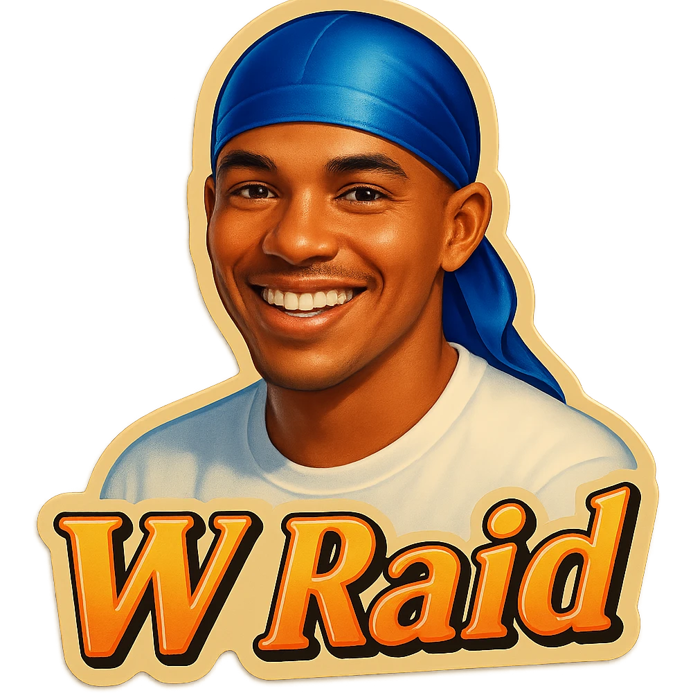 Smiling 
make his shirt white
Change His durag To BLUE
Make it say "  W Raid " emoji