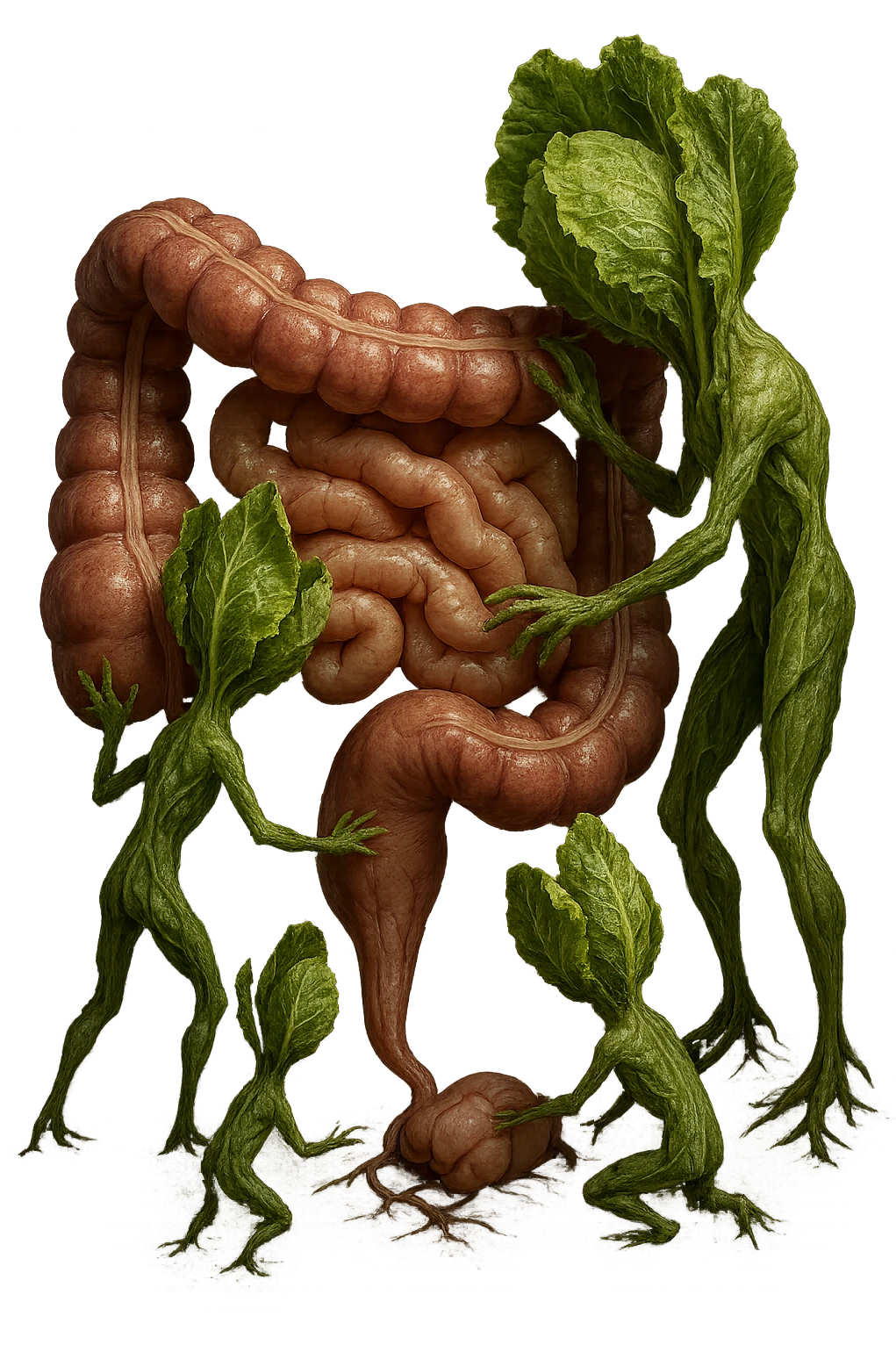 Ultra-realistic 4K illustration: stylized lettuce leaves depicted as plant-like creatures interacting with a human anatomical model of the intestine. The scene is surreal and scientific, with organic textures, refined biological details, dramatic lighting, and a bio-fantasy photorealistic style emoji