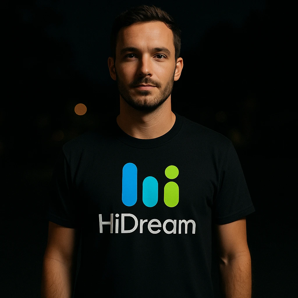 man wearing tshirt with this logo, dark night background with dim lights emoji