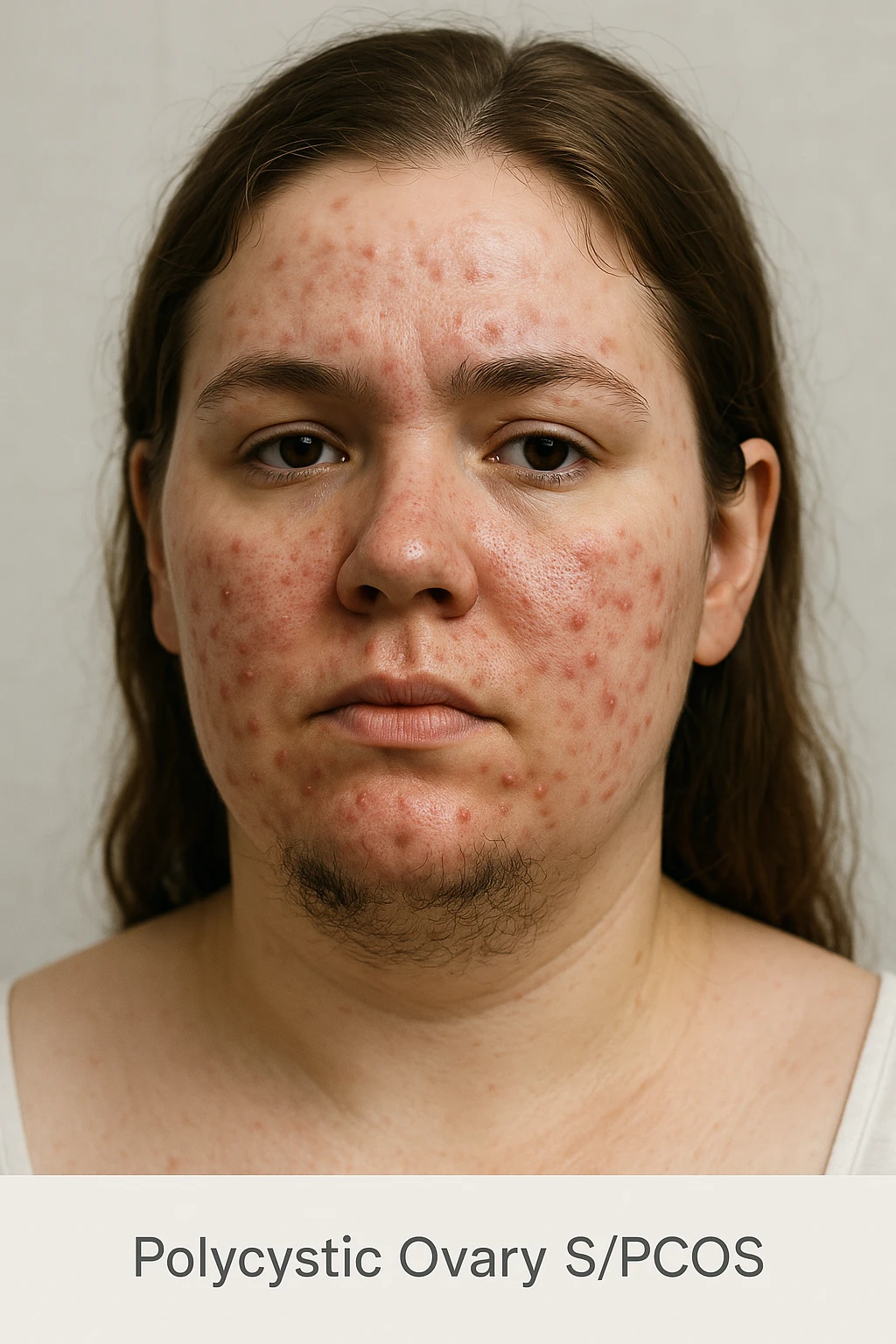 very realistic 3D medical image of a woman with PCOS, showing acne on face and hair under chin, clinical details, neutral background, medical appearance, 2:3 aspect ratio emoji