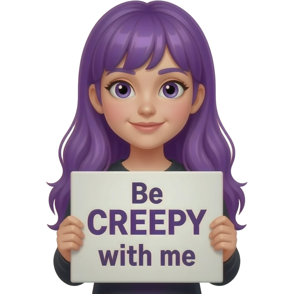 girl with long purple hair with a Be CREEPY with me sign emoji