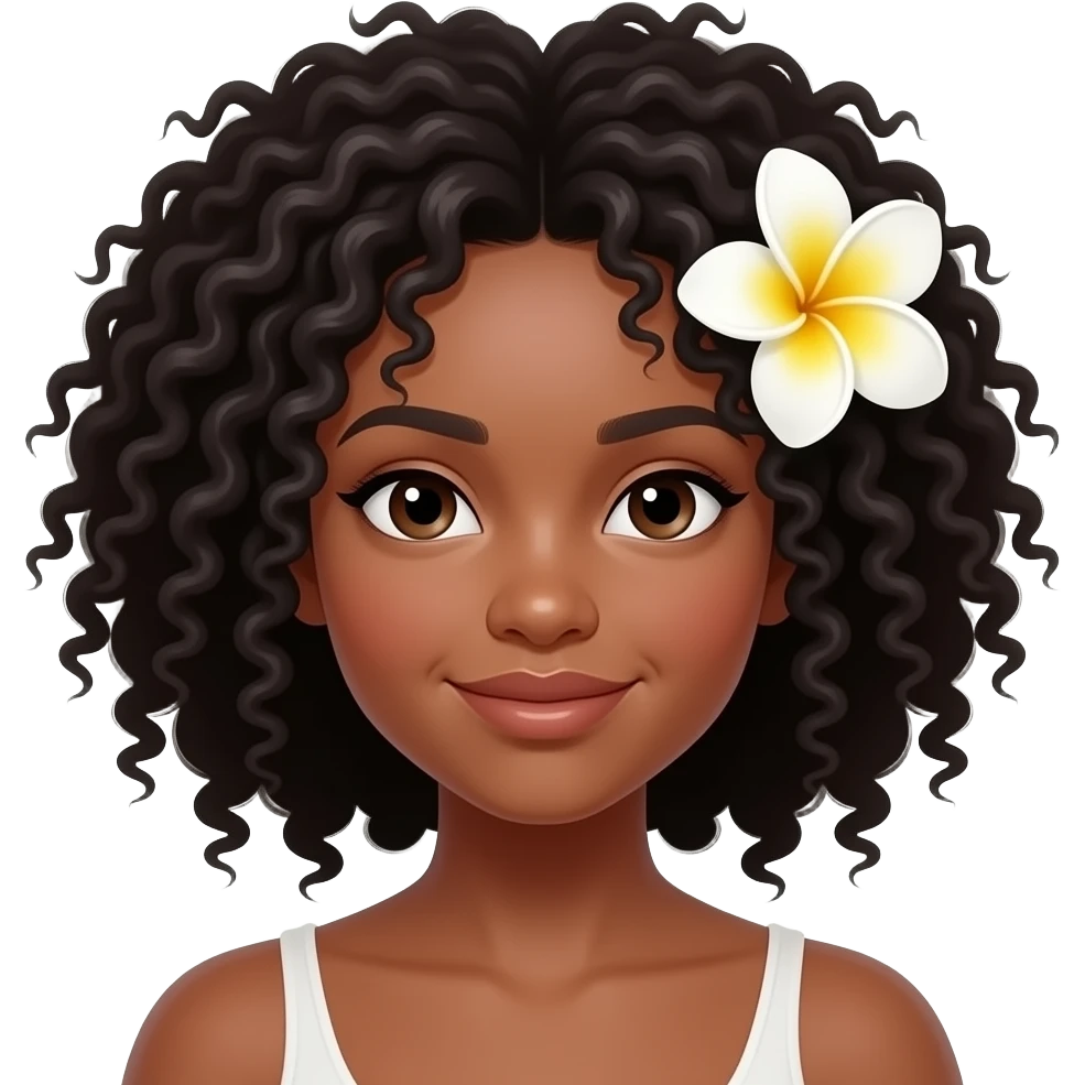 Black girl with curly black hair and and a plumeria flower In her hair emoji