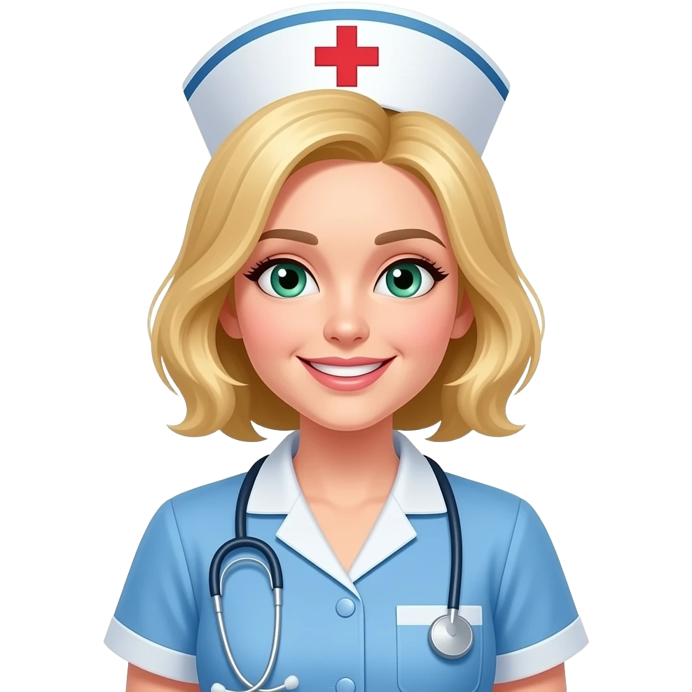 blonde, white  green eyed nurse more like emoji and in scrubs EMOJI STYLE like this but happier emoji