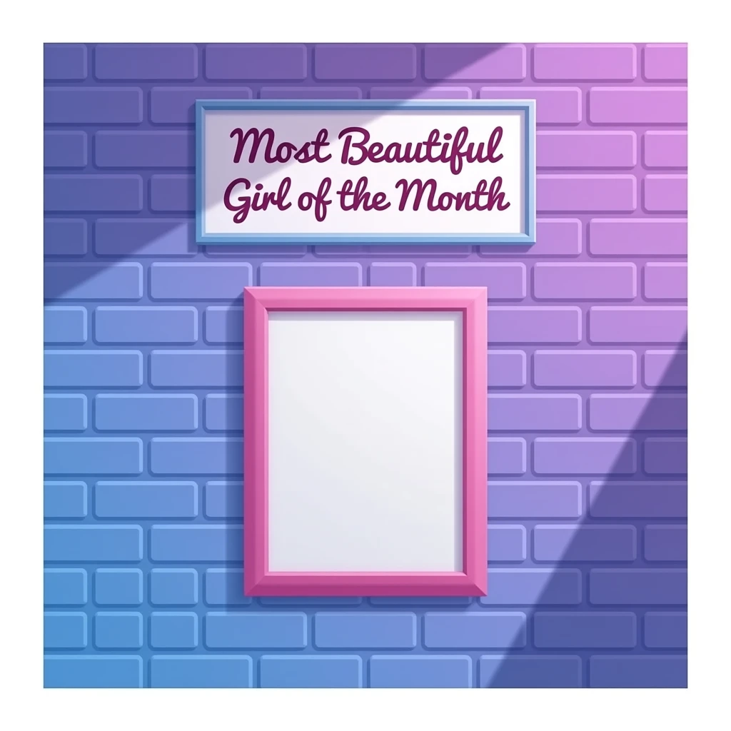 blue and purple without pink colour A stylish brick wall background with a centered photo frame hanging on it, above the frame there is a sign that reads “Most Beautiful Girl of the Month”, soft lighting, subtle shadows on the wall, empty frame for photo inspired by barbie colour pallete emoji