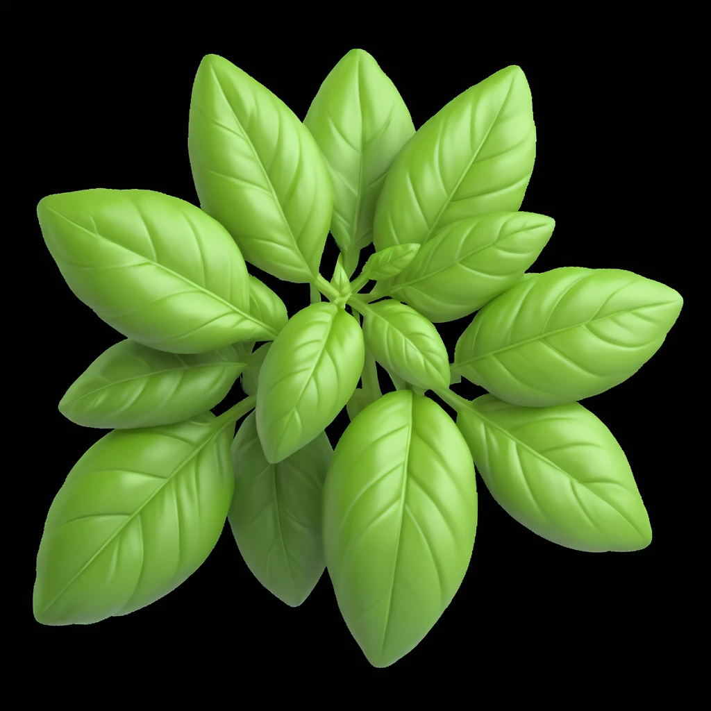 a bunch of fresh basil with bright green leaves, in 3D volumetric iOS style, with soft shadows and realistic highlights, on a white background emoji
