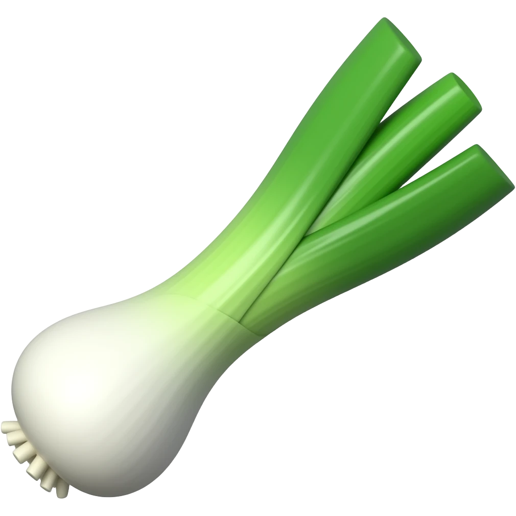 A 3D isometric emoji of a single Korean green onion (daepa). It has a thick white stalk at the bottom that splits into two vibrant green hollow leaves at the top. Glossy texture, soft lighting, Apple emoji style, high resolution, isolated on a plain white background emoji