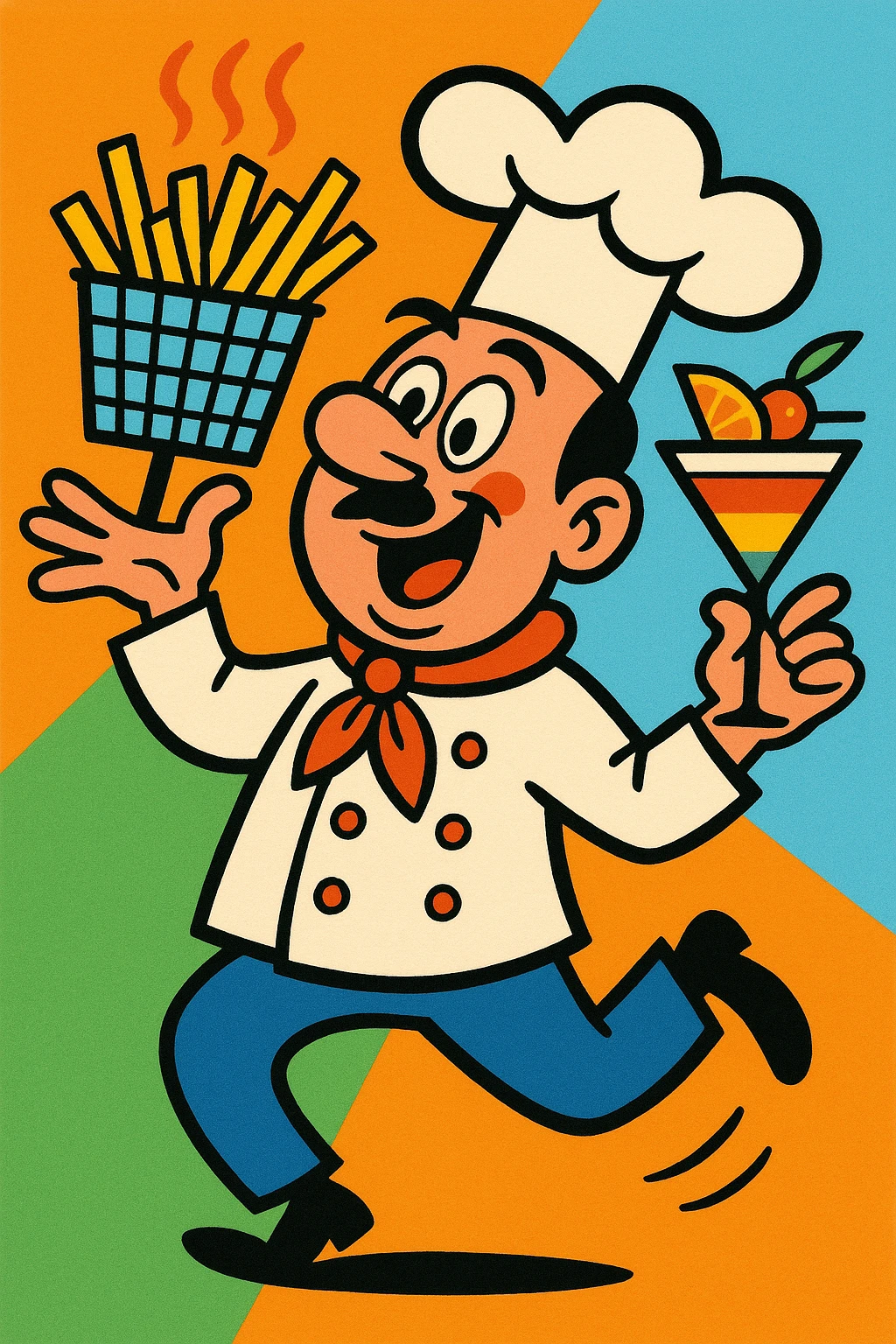 A wobbly chef balancing a fryer of hot chips, mocktail glass with fruit garnish, chef's hat askew, humorous, bold outlines, vibrant toon style emoji