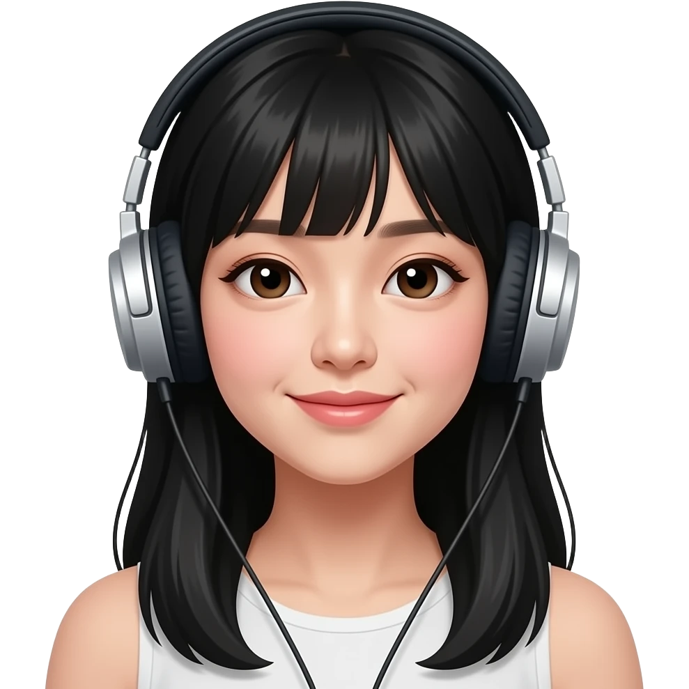beautiful girl, with black hair, with a bit tanned skin, korean, listening to music with headphone emoji