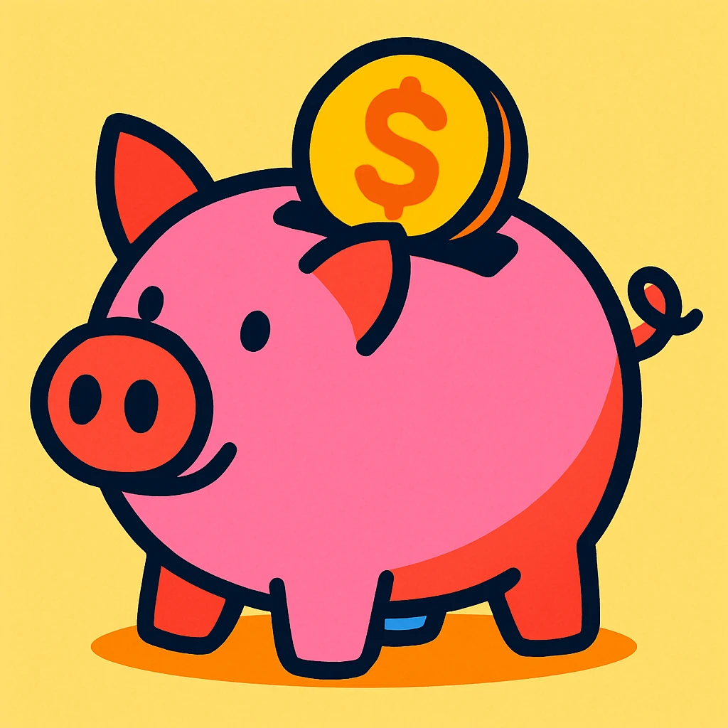 vibrant toon style piggy bank with a coin emoji