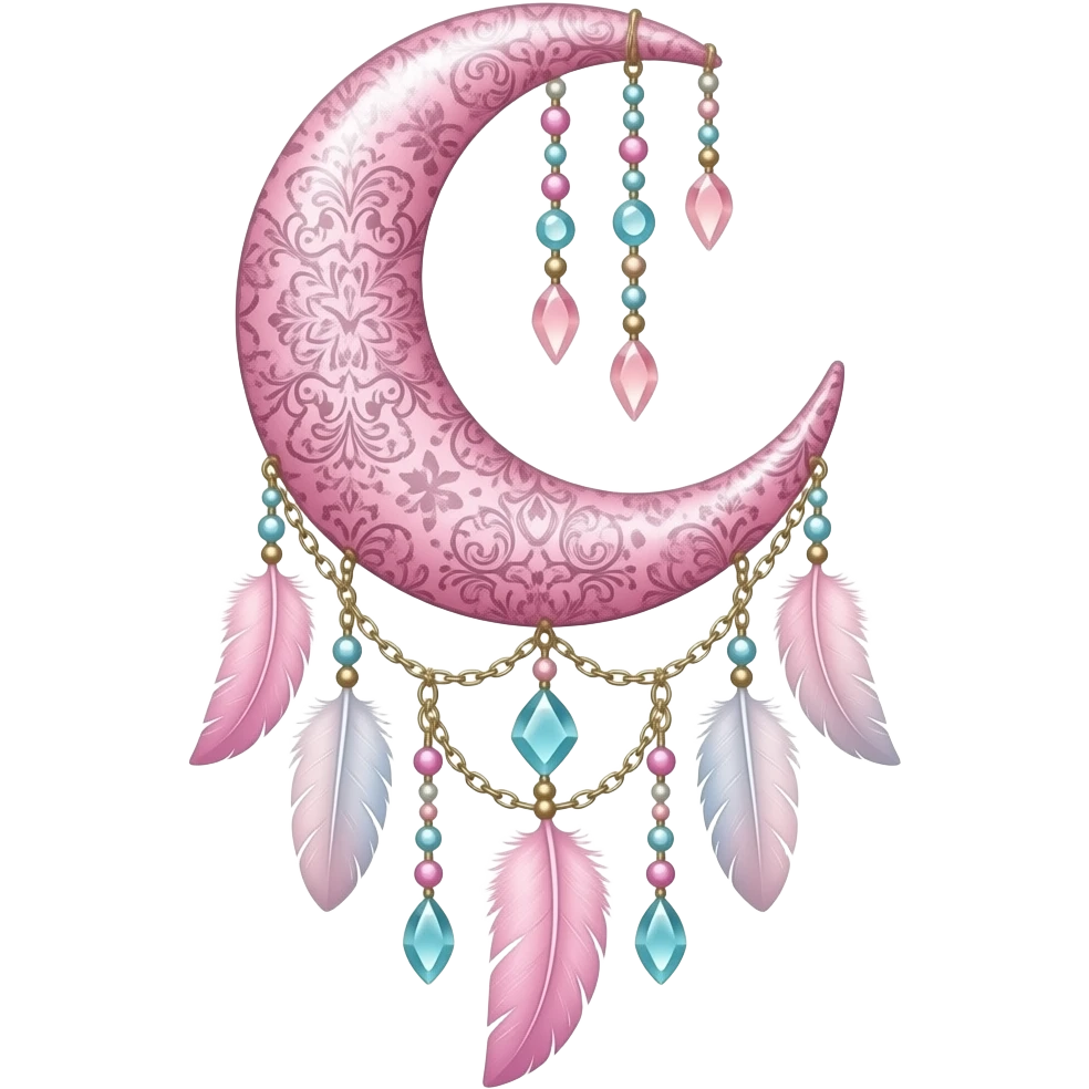 Rosy shiny glossy sparkly romantic pastel crescent damask moon with rose quartz pastel vines pastel gems pastel beads with feathers and chains suncatcher-dreamcatcher emoji