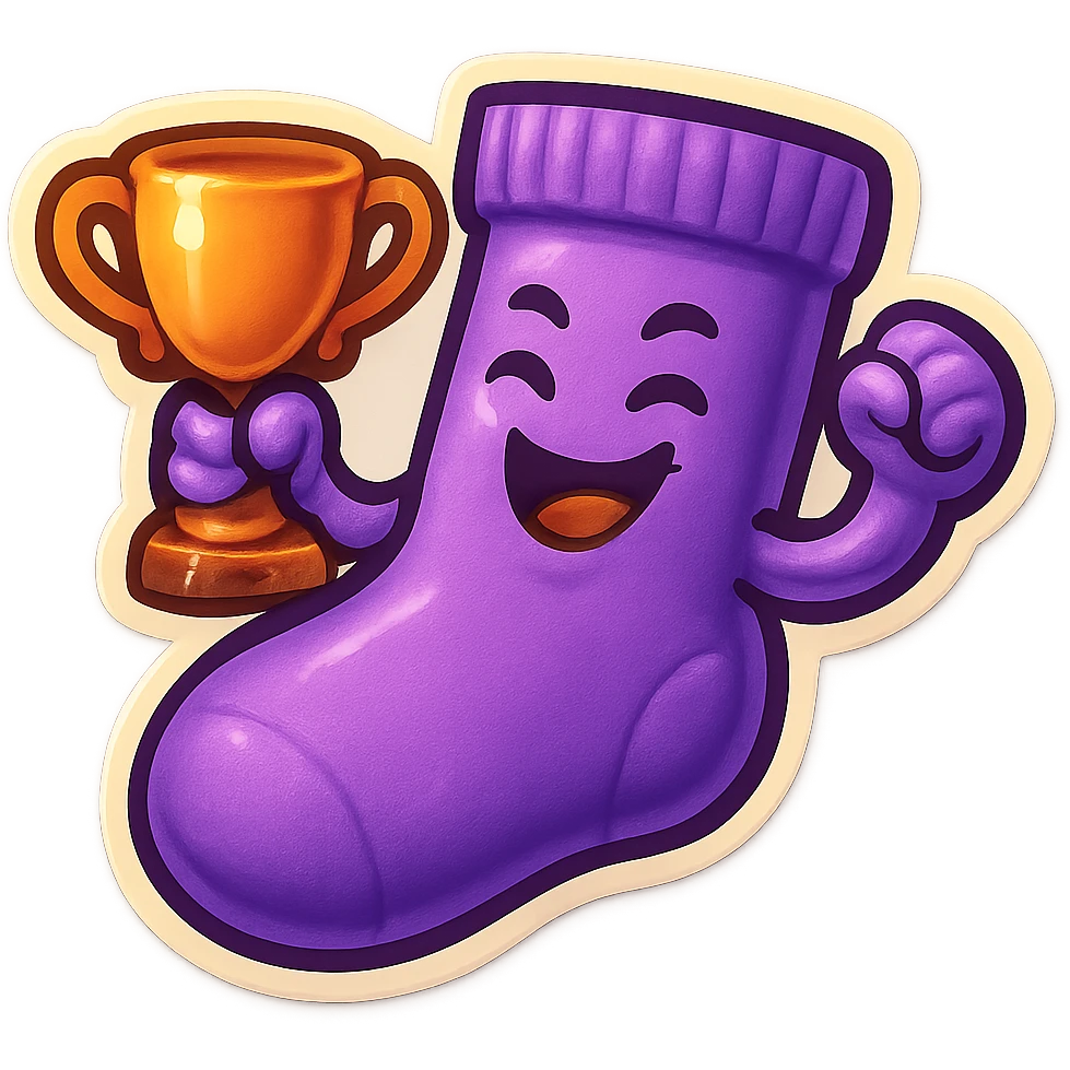 A purple sock with a victorious face, holding a trophy, representing victory or success. emoji