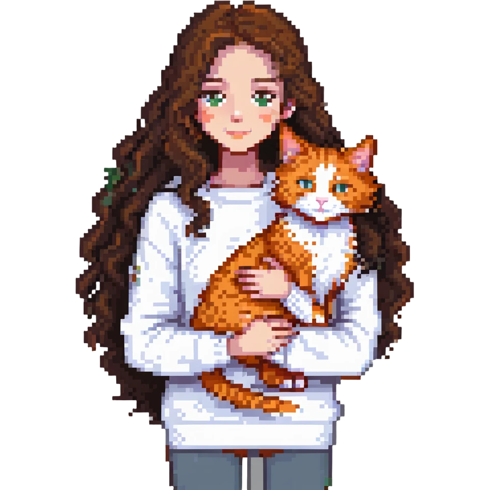 a girl with long dark brown curly hair, wearing a white sweater, hugging an orange cat, a grey Maine Coon, and a white cat with spots, pixel art style emoji