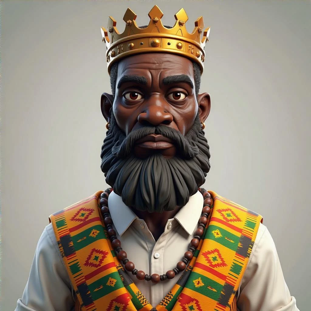 Create me a Stylized 3D Character Art of an old African king with a large beard wearing kente cloth and white shirt for a Strategy Game. Make it have a balance of realism and caricature.  emoji
