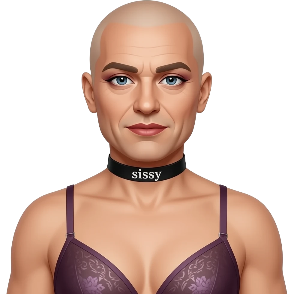 bald lipstick smokey eyes collar that says sissy  40yrs old bra with flat chest crossdress feminized emoji