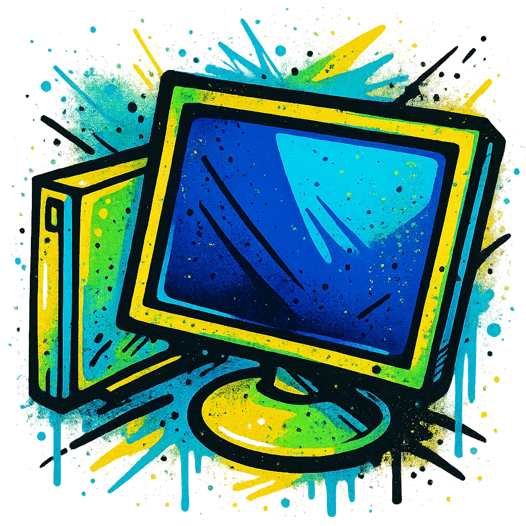 Create a 1080 x 1080 graffiti style rendering of the Windows 'My Computer' icon inspired by the reference image. Use bold colors, spray paint effects, and urban street art style with a transparent background. Focus on vibrant, edgy, and dynamic street art aesthetics with graffiti textures and spray paint splatters. emoji