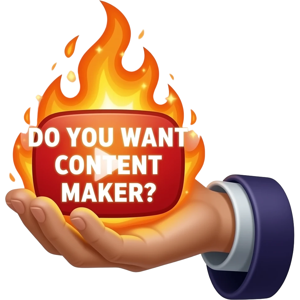 A wizard’s hand holding a glowing, magical YouTube logo like a fire spell. glowing white text on the bellow: "DO YOU WANT CONTENT MAKER?" High fantasy, mystical particles, clean, sticker style emoji