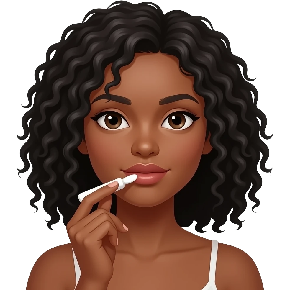 Medium dark skinned woman with black curly shoulder-length hair applying cream to her upper lip area. emoji