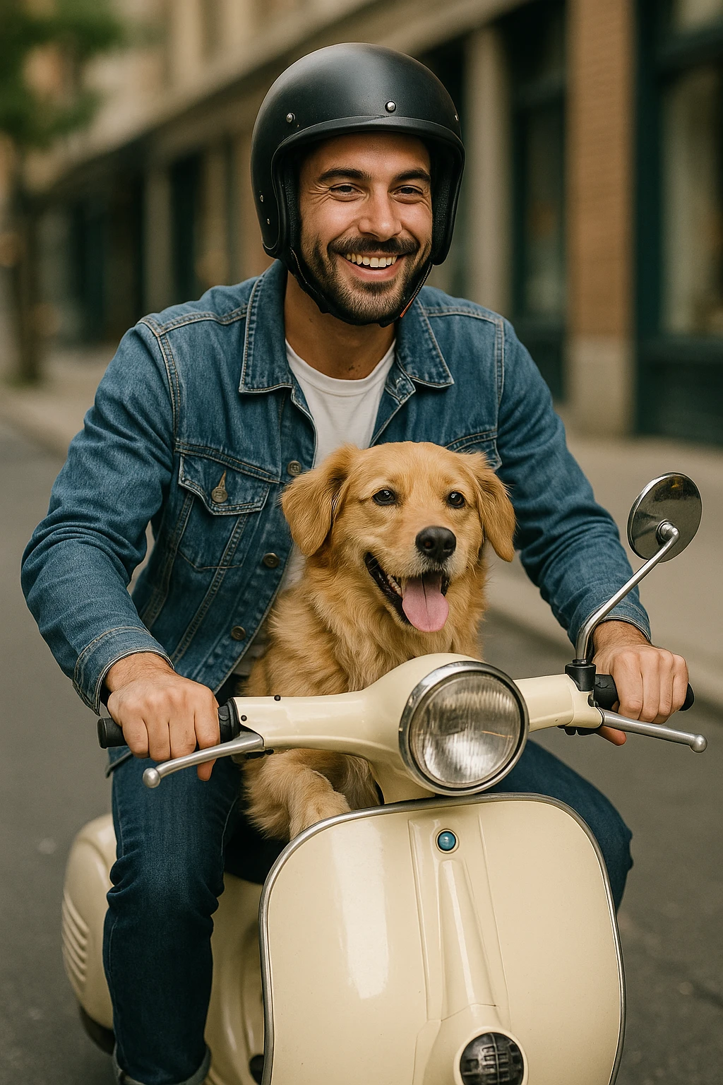 man and his pet dog riding a vespa emoji