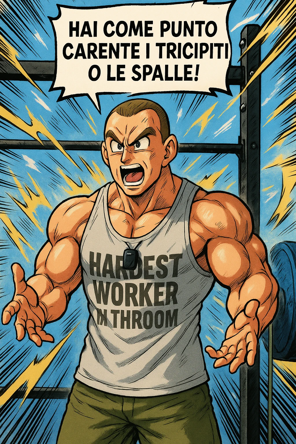 Personal trainer che dice al suo allievo, "hai come punto carente i tricipiti o le spalle!" Stile manga di Dragon Ball emoji