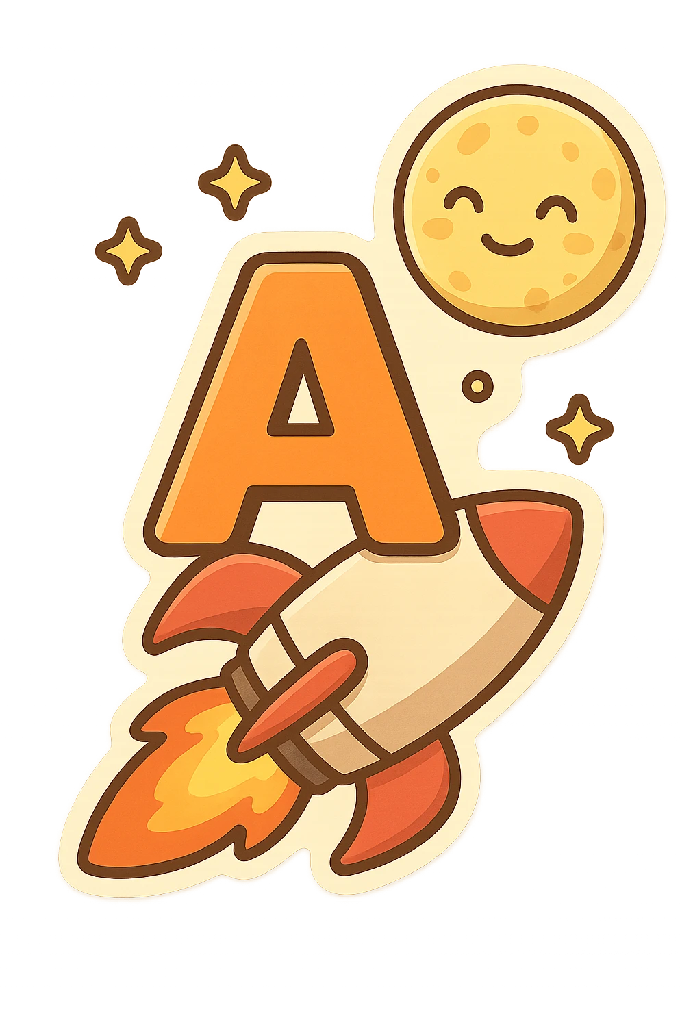 bold capital letter riding on a rocket flying toward the moon, dynamic and playful, emoji or icon style emoji