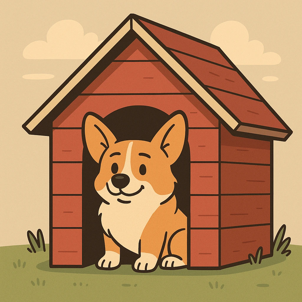 red dog house with a Corgi dog inside, Corgi sitting at the entrance, flat illustration style emoji