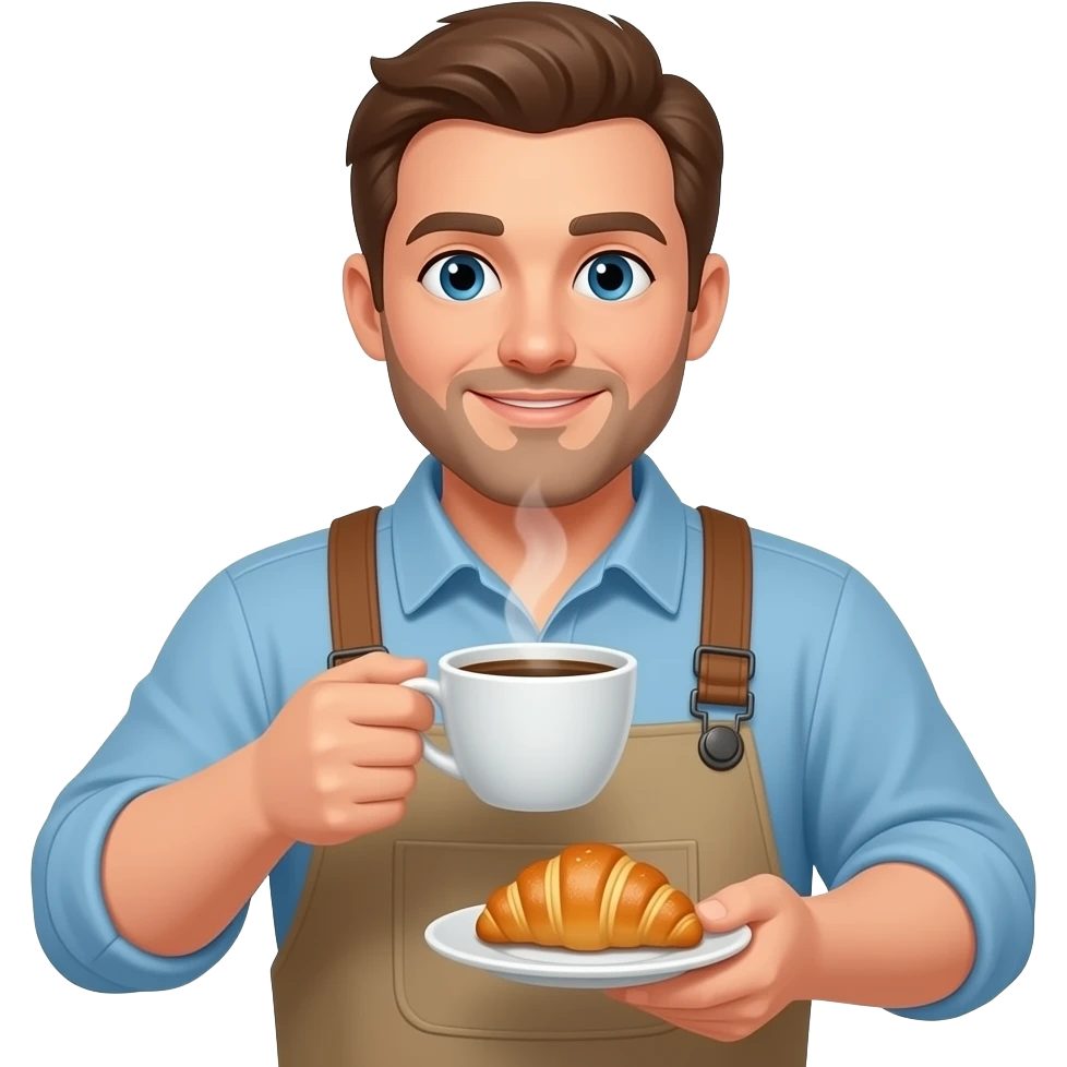 man taking coffee and a croissant emoji