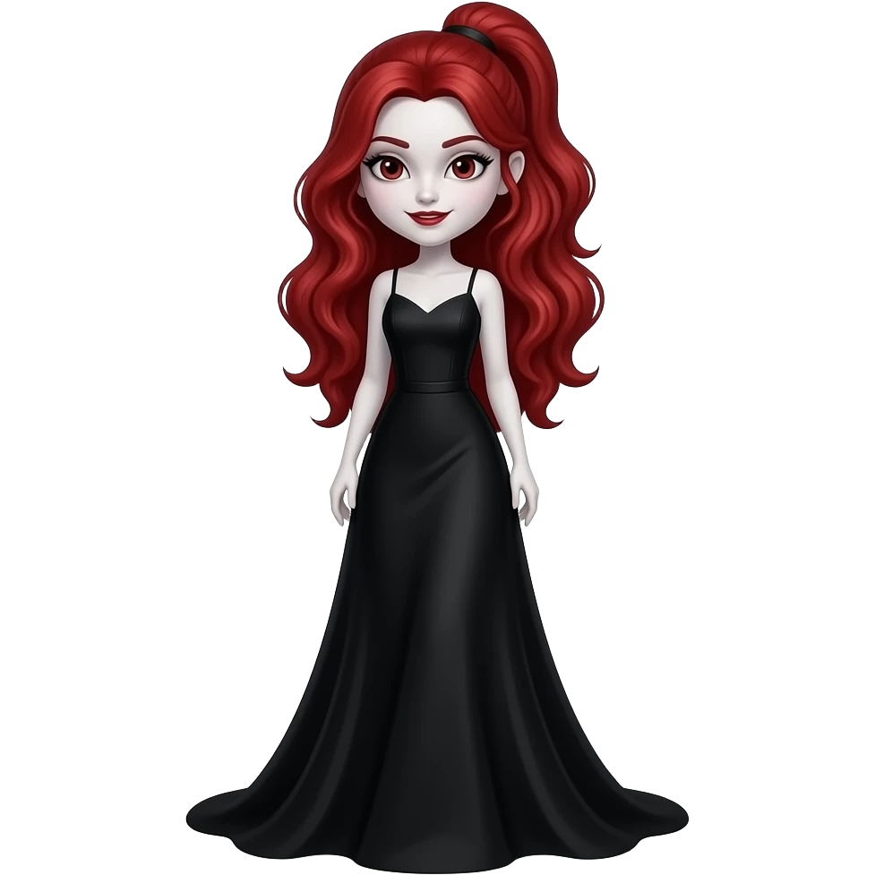 Vampiro femmina ADOLESCENTE con pelle bianca e capelli rosso ondulati lunghi raccolti in una mezza coda che indossa un vestito  LUNGO fino ai PIEDI nero emoji