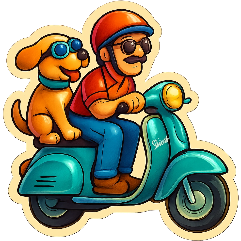 man and his pet dog riding a vespa emoji